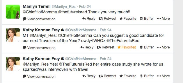 Discussion between Marilyn Terrell and Kathy Korman Frye on Twitter about Traveler of the Year on National Geographic